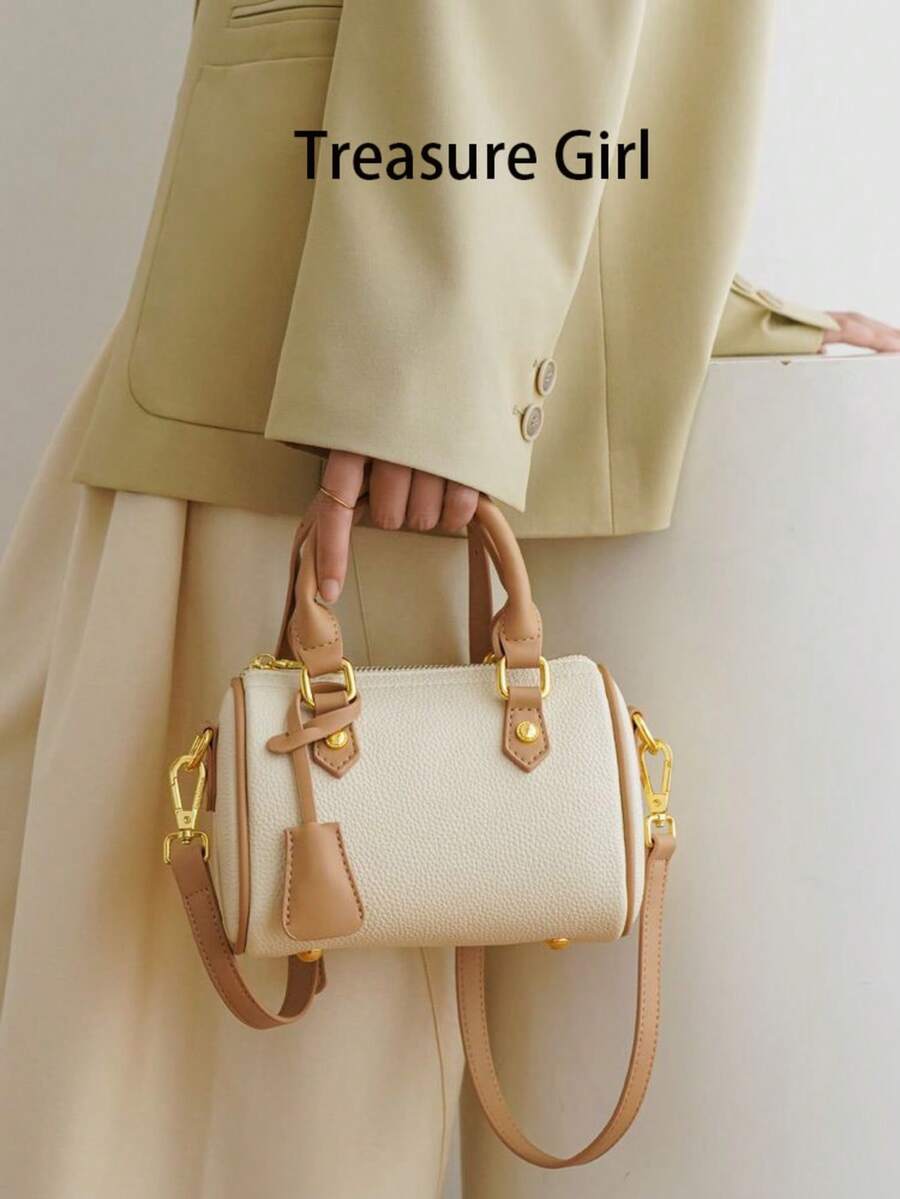 2025新款时尚波士顿枕形包，斜挎手提包，多功能托特包，双色压纹皮革 - 米色 - 查看 1