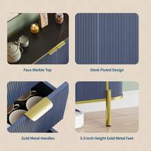 clóset Buffet con Almacenamiento, Moderno clóset de Almacenamiento Credenza Estriado de 60 Pulgadas con Parte Superior de mármol sintético, 2 Puertas correderas de Perfil Curvado y 3 cajones - Azul - Ver 5