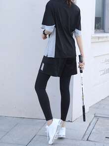 Conjunto Esportivo Feminino de 5 peças: Camiseta Solta Estilo Morcego + Camiseta Solta Esportiva + Top Esportivo + Calça para Atividades ao Ar Livre + Shorts Solto, Roupa de Academia Preta para a Primavera - Preto - Ver 3