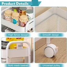 Three-Layer Heavy-Duty Metal Roller Cart With Lock Wheels Hooks Handles For Kitchens Bathrooms Offices Classrooms Dormitories In Pink White - 白色 - 查看 3
