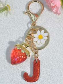 1 pezzo Portachiavi a forma di lettera con fragola rossa, ciondolo floreale carino, portachiavi minimalista per borsa, regalo per donne - Rosso - Visualizzare 28