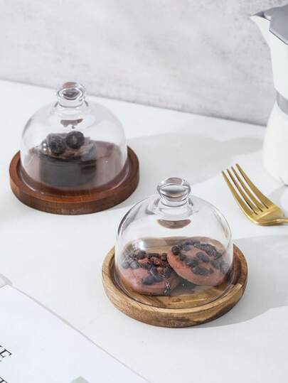 1pc Mini Dessert Plate Wooden Tray, Cake Plate Wooden Platter, Glass Dome Pastry Display Tray, Suitable For Gatherings, Holidays And Daily Use