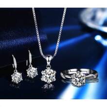 1 Carat Moissanite 925 Sterling Silver Jewelry Set - 1 Carat Moissanite Ring, 1 Carat Moissanite Pendant Necklace, 1 Carat Moissanite Earrings - 1 Carat Moissanite 3 PiecesJewelry Set - Valentine's Day Gift - Silver - View 12