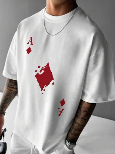 男士简约扑克牌印花短袖T恤，舒适透气，时尚夏季穿着