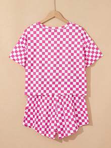 Acelitt Conjunto de 2 piezas de camiseta y falda de cintura alta de punto con estampado de tablero de ajedrez en estilo retro Y2K para mujer, adecuado para uso casual y en casa - Rosa Fucsia - Ver 5