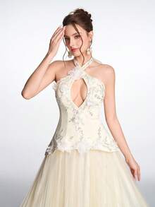 Anymoon Fairy 奢华甜美性感露背薄纱蝴蝶结立体缎面3D蕾丝串珠镂空系带后背褶皱薄纱舞会礼服，适合婚礼招待会、订婚派对、毕业舞会、公司晚宴、斋月庆祝活动 - 黃色 - 查看 7