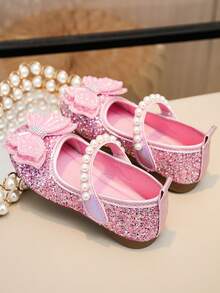 1 Đôi giày công chúa đính sequin hình bướm màu tím, giày đế mềm trang trí ngọc trai cho bé gái mùa xuân/hè, thích hợp cho tiệc sinh nhật, biểu diễn ở trường và các dịp khác, giày nhỏ đa năng. - Hồng - Xem 6