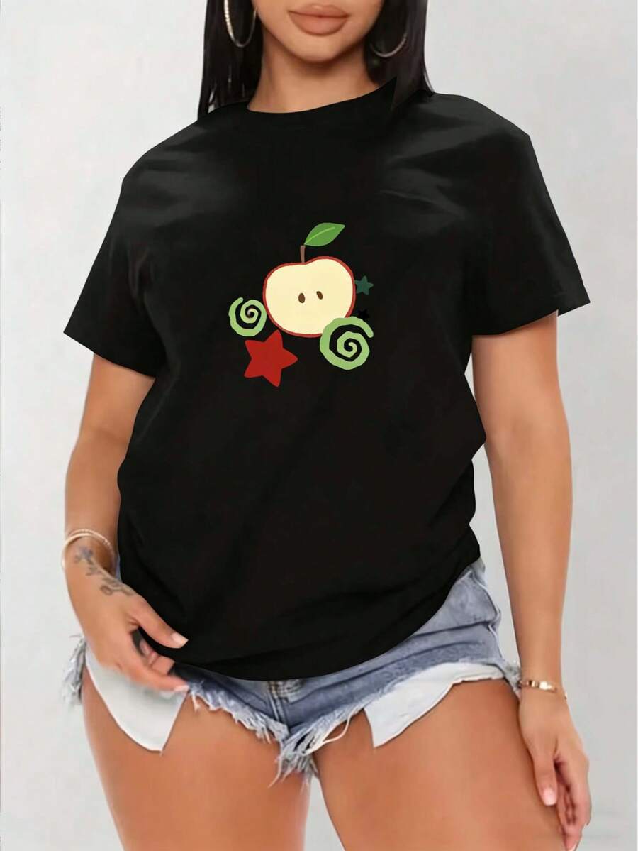 Creative Cute Apple Star Print T-Shirt, Tight Short Sleeve Round Neck Casual Top, Summer And Spring, Women's Clothing, Pure Cotton Machine Washable - màu đen - Xem 1