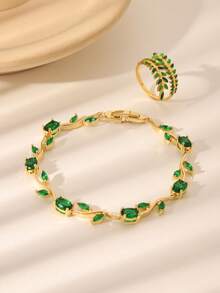 1pc Elegant Green Zirconia Leaf & Tulip Chain Bracelet, Suitable For Women's Daily, Festival, Date, Party, Wedding Accessories Or As Valentine's Day, Mother's Day Gift, Summer Holiday Accessory - Silver - View 6