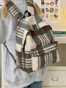 Women's Functional Backpack, British Style Bookbag, Retro Plaid Wool Felt Backpack, Versatile For Students And Daily Use - Green - View 2