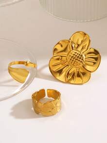 3pcs/Set 18K Gold Plated Stainless Steel Exaggerated Thick Flower Ring Set, Suitable For Women's Daily Wear