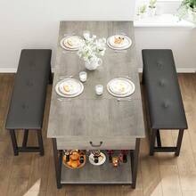 Set de Mesa de Comedor para 4 con 2 Banquetas Tapizadas, Cajón de Almacenamiento y Estante para Vino, Mesa de Comedor de Cocina Ahorradora de Espacio - Gris - Ver 5