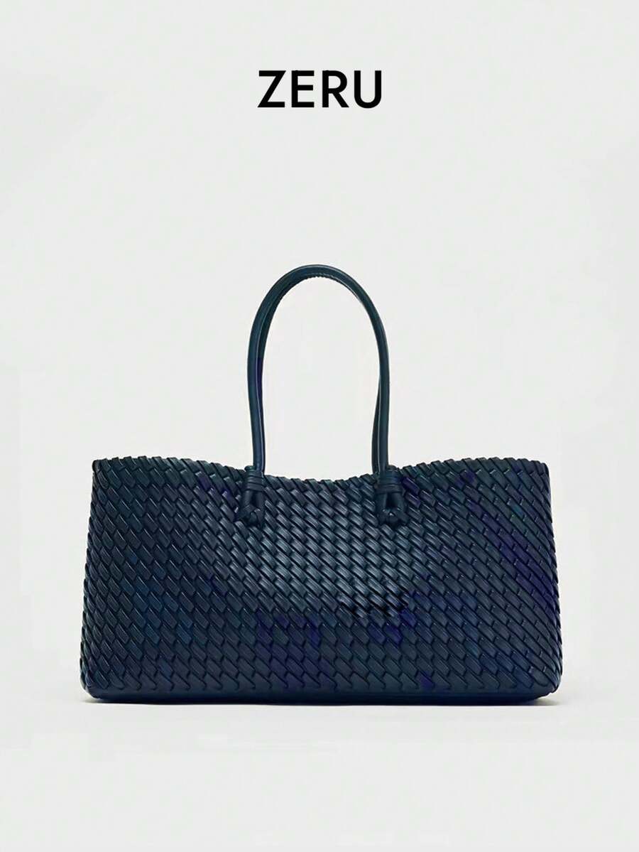 2025新款小众通勤编织手提包，时尚百搭超大容量单肩包 - 寶藍色 - 查看 1