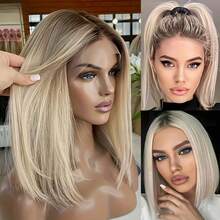 高品质真发免胶即戴式预剪5x5蕾丝闭合假发，挑染灰金色棕色，深色发根，短款波波头真人发假发，180%密度，海玻璃渐变色，13x4超高清透明全蕾丝假发，预先拔毛，蜜金色棕色挑染，10英寸/12英寸直发波波头蕾丝假发，适合日常佩戴/派对/旅行 - S6/8/613/27A - 查看 7