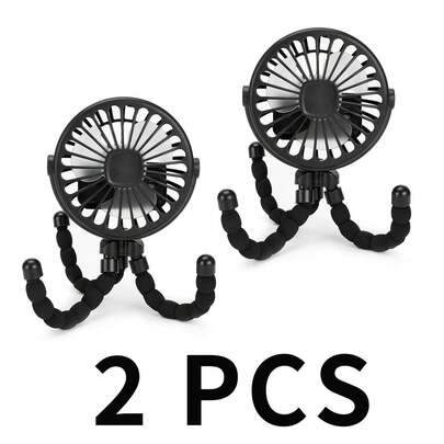 2个章鱼造型婴儿推车风扇，USB充电便携式静音风扇，迷你手持可折叠旅行风扇带LED夜灯，多功能桌面风扇，角度可调，3档风速，适用于婴儿房、露营、旅行、直播等场合，可悬挂、放置或缠绕。