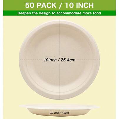 50/25/2 st. förpackning tjocka komposterbara engångspapperstallrikar (10 tum), tallrikar av naturligt sockerrör, mikrovågsugn. Högkvalitativt porslin lämpligt för familjeevenemang, skolor, restauranger, kontorsluncher, grillfester, picknick, utomhusaktiviteter, födelsedagsfester, bröllop etc.