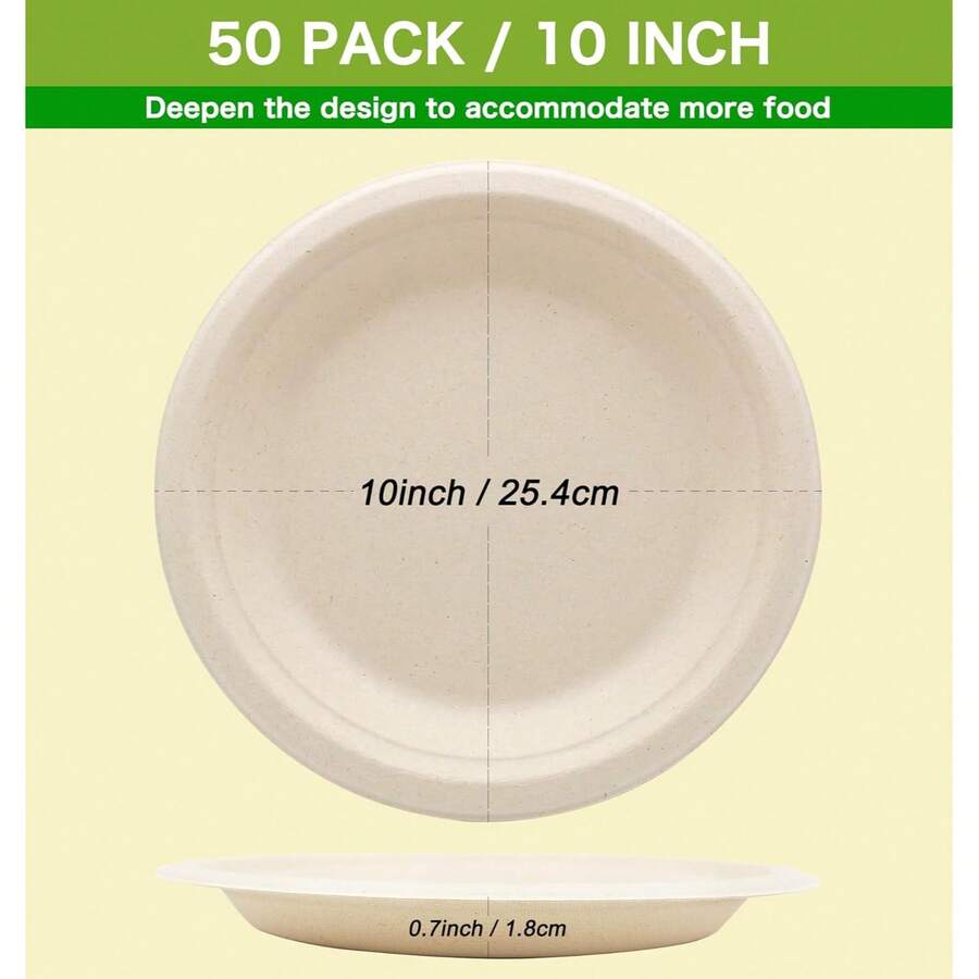 50/25/2个装加厚可堆肥一次性纸盘（10英寸），天然甘蔗纸盘，微波炉适用。高品质餐具，适用于家庭聚会、学校、餐厅、办公室午餐、烧烤、野餐、户外活动、生日派对、婚礼等场合。 - 棕色 - 查看 1