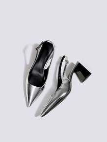 女士7厘米厚跟高跟鞋，露趾派对婚礼正式鞋，套脚尖头高跟凉鞋 - 銀色 - 查看 1