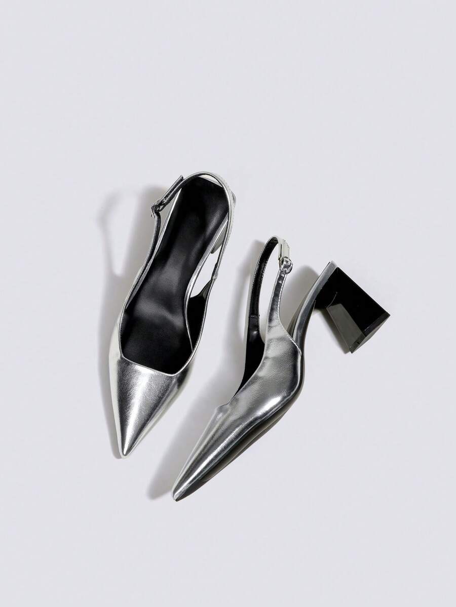 女士7厘米厚跟高跟鞋，露趾派对婚礼正式鞋，套脚尖头高跟凉鞋 - 銀色 - 查看 1