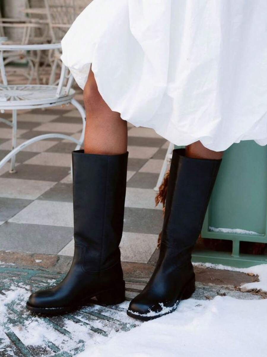Wide Calf Boots Women's Knee High Boots Square Toe Chunky Block Heel Long Boots Pull On Riding Boots Knight Boots - 黑色 - 查看 1