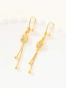 2件套24K镀金水滴流苏链耳环，防锈镀金耳环，黄金替代品，非常适合情人节、特殊场合和日常佩戴 - 金黃色 - 查看 2