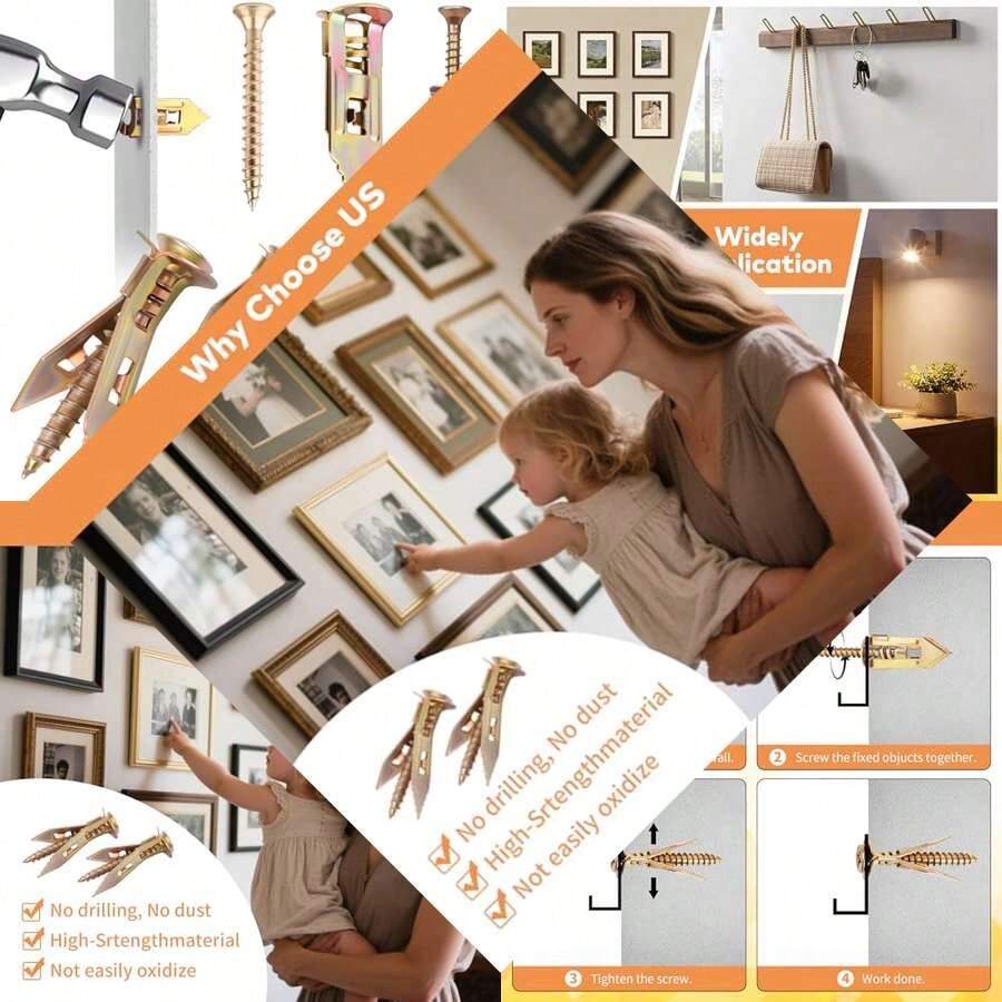 Self Drilling Drywall Anchors Kit - Zinc Plated Steel Wall Anchors & Screws, No Drill Or Holes In Wall, Heavy Duty For TV Shelf Cabinet Picture Frame