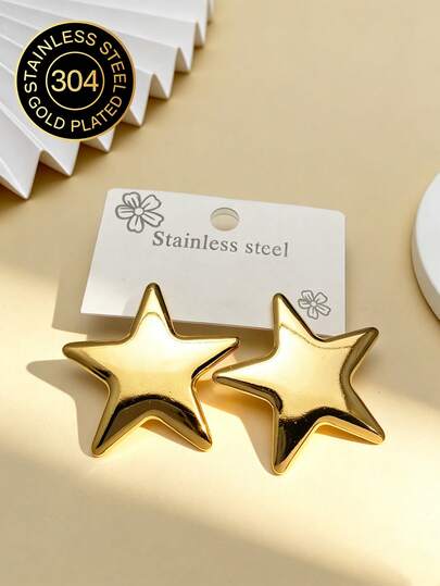 Pendientes de estrella dorada para dama, pendientes de pentágono para dama y niña, pendientes de botón con superficie lisa en forma de estrella, pendientes colgantes chapados en oro de 18 quilates, pendientes de botón con estrella y luna retro, pendientes de declaración ligeros, pendientes de metal dorado grueso, pendientes de boda, pendientes con colgante de acero inoxidable, hipoalergénicos y sin níquel, pendientes de estilo retro exagerado para dama