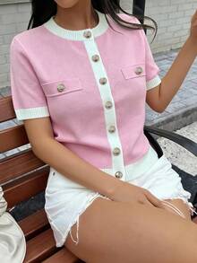 粉色圆领短袖撞色针织开衫，女士春夏新款休闲百搭简约优雅舒适宽松夏季外套，适合日常通勤、外出、约会、休闲时尚、毕业典礼等场合。 - 粉色 - 查看 5