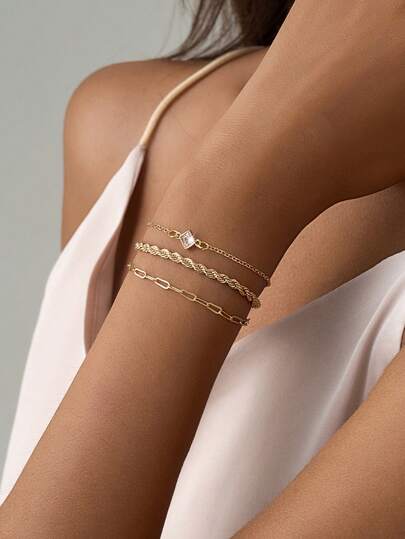 3pcs/Set Twisted Rope, Safety Pin, Cube Beaded Charm Bracelets, Mixed Styles Decorated With Artificial Zirconia Stones, Layered Wear For Girl