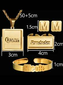 [ Jewelry Set Series ] Personalized Customized Embossed Nameplate, Personalized Customized Jewelry, Exclusive Customized Name, Stainless Steel Customized Jewelry Set (Necklace+Earrings+Ring+Bracelet), Exquisite Gift Box, Valentine's Day Gift, Birthday Luxury Gift - STYLE3 - View 1