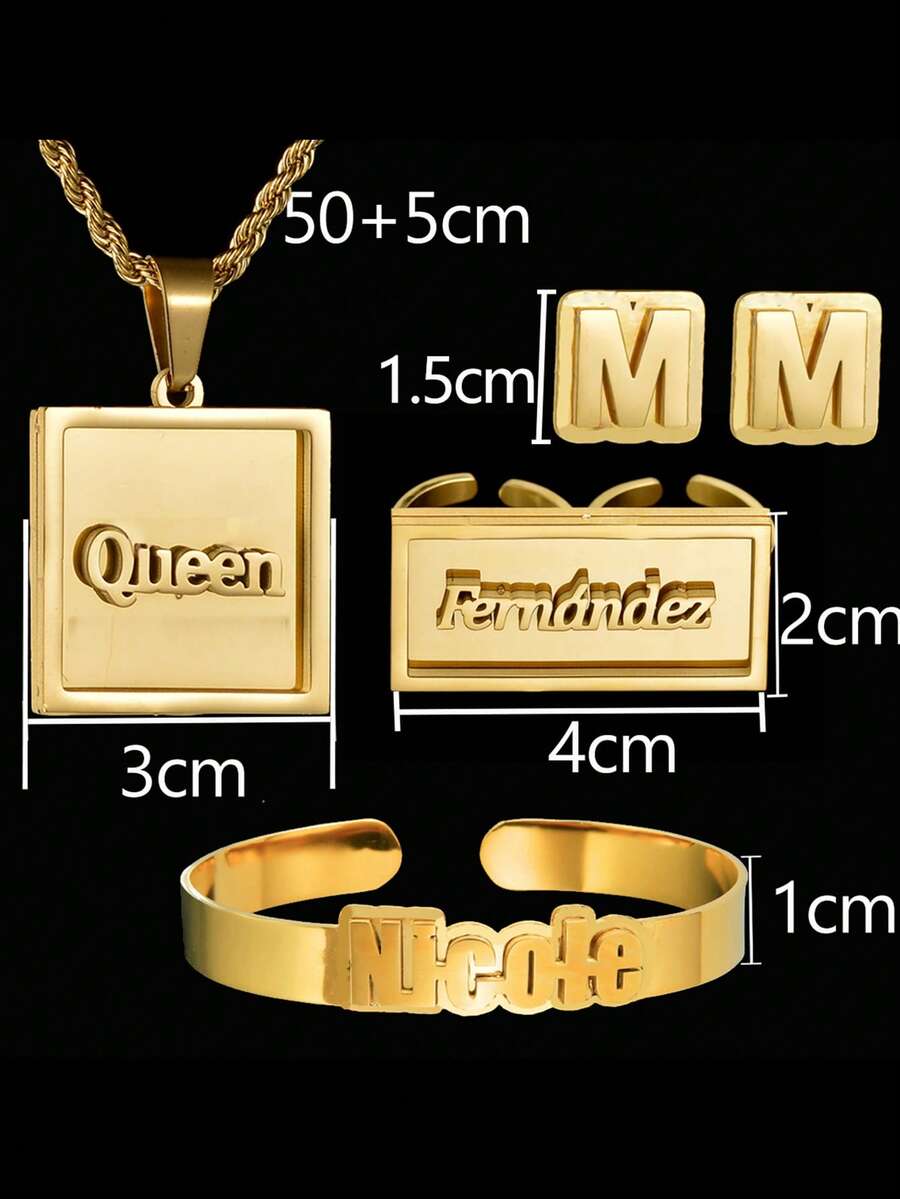 [ Jewelry Set Series ] Personalized Customized Embossed Nameplate, Personalized Customized Jewelry, Exclusive Customized Name, Stainless Steel Customized Jewelry Set (Necklace+Earrings+Ring+Bracelet), Exquisite Gift Box, Valentine's Day Gift, Birthday Luxury Gift - STYLE3 - View 1