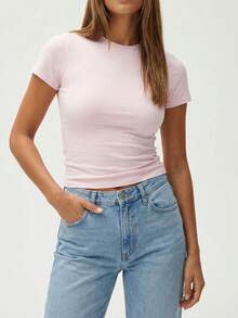 RRIVE Basic Soft Ribbed Baby Tee Slim Fit T-Shirt Solid Crew Neck Short Sleeve Tops For Women, Stretchy Basic Tee For Yoga Workout Gym Athleisure Casual Daily Wear Summer Spring Outfits Vacation Outfits Women - Hồng - Xem 6