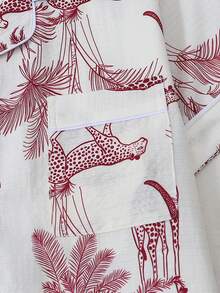Giraffe & Monkey Print Short Sleeve Shorts Pajama Set For Women - Red - View 4