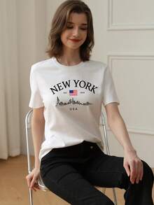 女款圓領短袖基礎 T-shirt，柔軟親膚面料，休閒日常街頭風百搭上衣 - 白色 - 查看 2