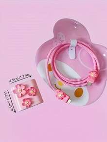 5pcs/Set Pink 3D Sakura Flower Protective Case Compatible With Apple 18W/20W Data Cable, 20W Charger, Cute Girly 3D Sakura Flower Protective Cover, Great Gift For Friends, Girlfriend, Valentine's Day - Multicolor - View 6