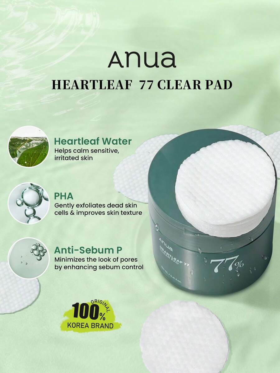 Anua 77 心叶牌洁肤棉片，160毫升/5.4液盎司，70片装，水凝胶质地，精华注入，轻盈透气，清洁毛孔，一次性护理棉片，日常清洁，温和去角质，韩国化妆品