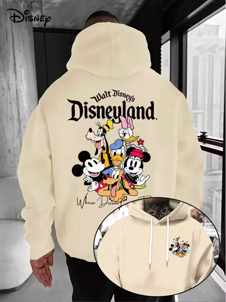 Men's Hoodies-Mickey Castle Park Cartoon Pullovers, Loose Hoodies In Front Pockets, Suitable For Casual Wear, Disney's Birthday Gifts, Travel Clothes, Playful Design, Comfortable Fabrics, Fan Clothes, Movie Lovers, Home Clothes, Durable Materials, Printed Jerseys, Men's. - 杏色 - 查看 1