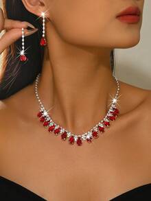 Elegant Women's Jewelry Set, Teardrop Necklace + Earrings, Copper Material Inlaid With Rhinestones, Suitable For Weddings, Banquets, Balls, Parties, And Valentine's Day Gifts - 1798 Blue Suit - View 2