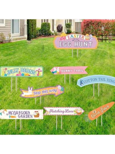 复活节彩蛋寻宝指示牌纸质复活节户外庭院装饰可爱兔子草坪小径庭院装饰春季道具家居派对用品
