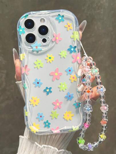 花卉印花奶油色波浪边手链式软壳防震手机套，兼容 17/17 Pro/17 Pro Max、16 XR/7/8、15 Pro Max、12 Pro Max、13 Pro Max、14 Pro Max、13、14、11、12、P14、P11、P12、XS、XR、7/8 Plus、Galaxy S22 Ultra、A13、A22、A21S、A51、A52、A34、A35、Redmi 10、Redmi Note 11 4G、Redmi 11 Lite、A53、A14、A23、S23 Ultra、S24、A14、A15、S23、A73、A55、A54、Redmi手机