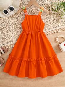 Đầm bé gái không dây vai, ngọt ngào với họa tiết hoa cam và viền bèo nhún. - Màu Cam cháy - Xem 2