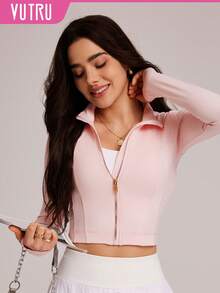 VUTRU Stand Collar Long Sleeve Sports Jacket, Cropped Top, Yoga & Pilates Activewear - Baby Pink - View 1