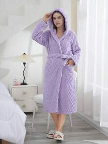 1PC Coral Fleece Hooded Women's Bathrobe 3D Turtle Shell Texture Soft Absorbent Belted Loungewear Winter-Spring Spa Wellness Home Lounge Bath & Dressing Gown Valentine's Gift For Birthday Wedding Anniversary Perfect For Her Multi-Colors Available - Multicolor - View 11