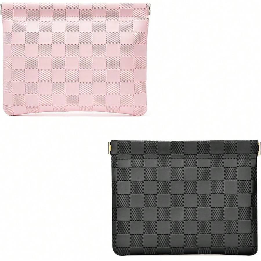 Leather Pocket Cosmetic Bag For Purse,Coin Purse Lipstick Cosmetic Accessories Organizer, Travel Kit Storage Pouch,Waterproof Portable No Zipper Se--Closing (Black+Pink) - 黑色+粉紅色 - 查看 1