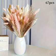 67pcs Dried Pampas Grass Bouquet - White, Brown And Pink Pampas, Bohemian Home Decor - Ideal For Indoor And Outdoor Use, Perfect For Valentine's Day, Easter, Mother's Day, Weddings, Outdoor Gardens, Spring Dining Table Centerpiece