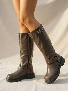 planare 女士时尚休闲侧拉链搭扣机车靴，粗跟西部靴，女士橡胶鞋秋冬过膝长靴，派对靴