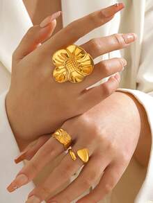 3pcs/Set 18K Gold Plated Stainless Steel Exaggerated Thick Flower Ring Set, Suitable For Women's Daily Wear
