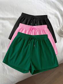 3pcs Solid Color Elastic Waist Drawstring Casual Sports Shorts - Multicolor - View 4