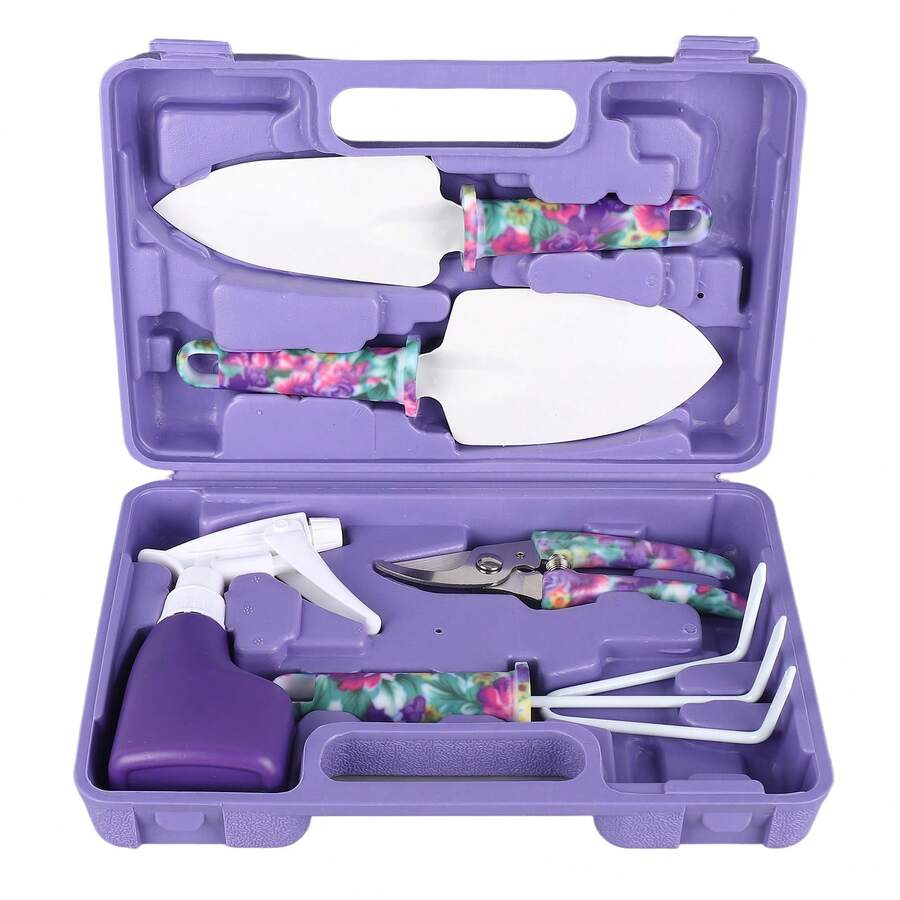 5-Piece Gardening Tool Set With Carrying Case: Cultivator, Rake, Shovel, Pruning Shears And Spray For Home Gardening. - Màu tím - Xem 1