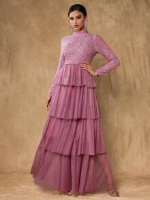 Women's Long Party Dress, Layered Mesh Skirt, Contrast Lace Collar Long Sleeve Top, Elegant A-Line Dress - Pink - View 5